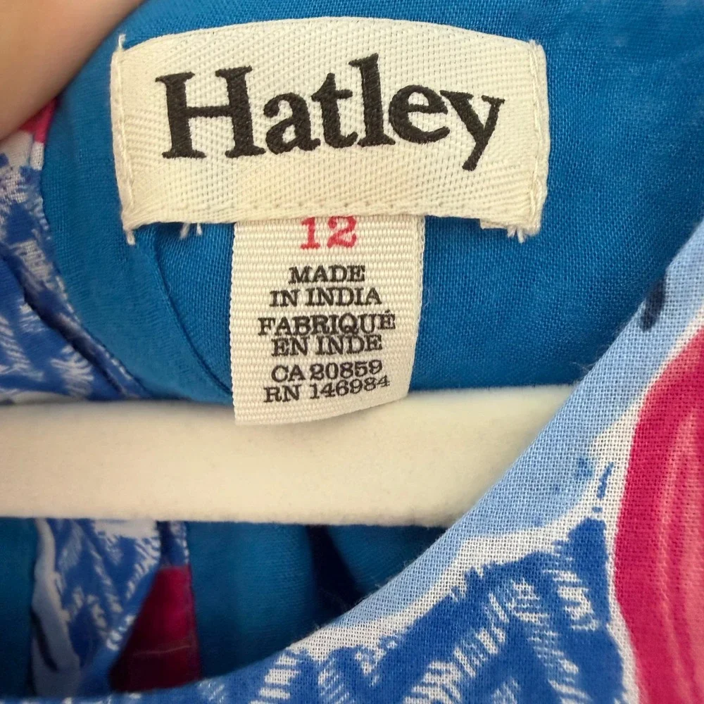 Hatley Girls Blue Chevron Pink Floral Cotton Fit and Flare Dress Size 12